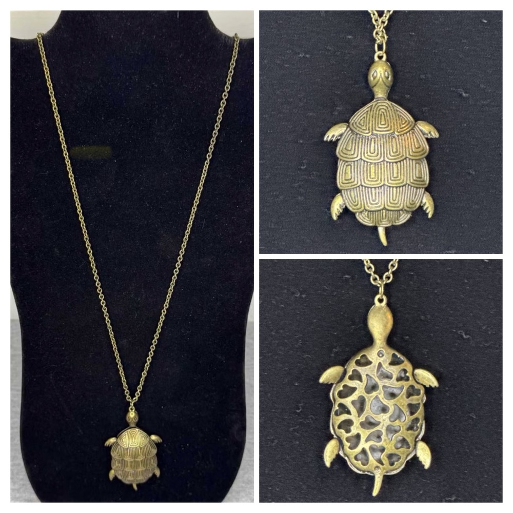 Vintage Brass Turtle Necklace With Decorative Hearts Undershell on 26” Chain